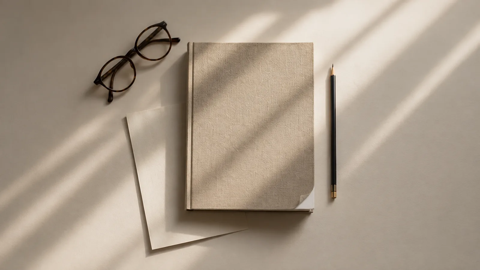 Cuaderno de tapa de lino, lentes y un lápiz sobre una superficie clara